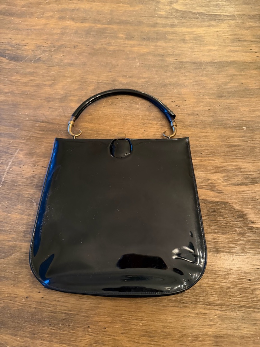 1950s Black patent Handbag Lewis crown kisslock With hook Ornamental Top Handle